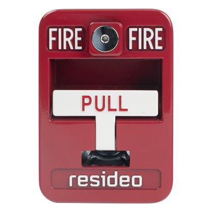 Estación manual de jalón contra incendio de acción simple, reset con llave Allen, cumple ADA, carcasa de aluminio fundido