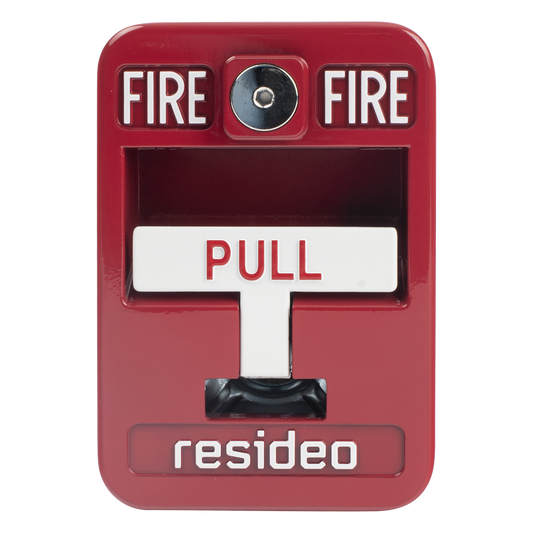 Estación manual de jalón contra incendio de acción simple, reset con llave Allen, cumple ADA, carcasa de aluminio fundido