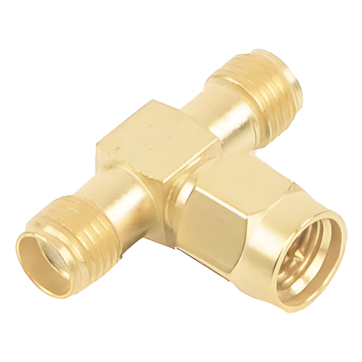 Adaptador en T, de Conector SMA Macho a Doble SMA Hembras, Oro/ Oro/ Teflón