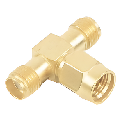 Adaptador en T, de Conector SMA Macho a Doble SMA Hembras, Oro/ Oro/ Teflón