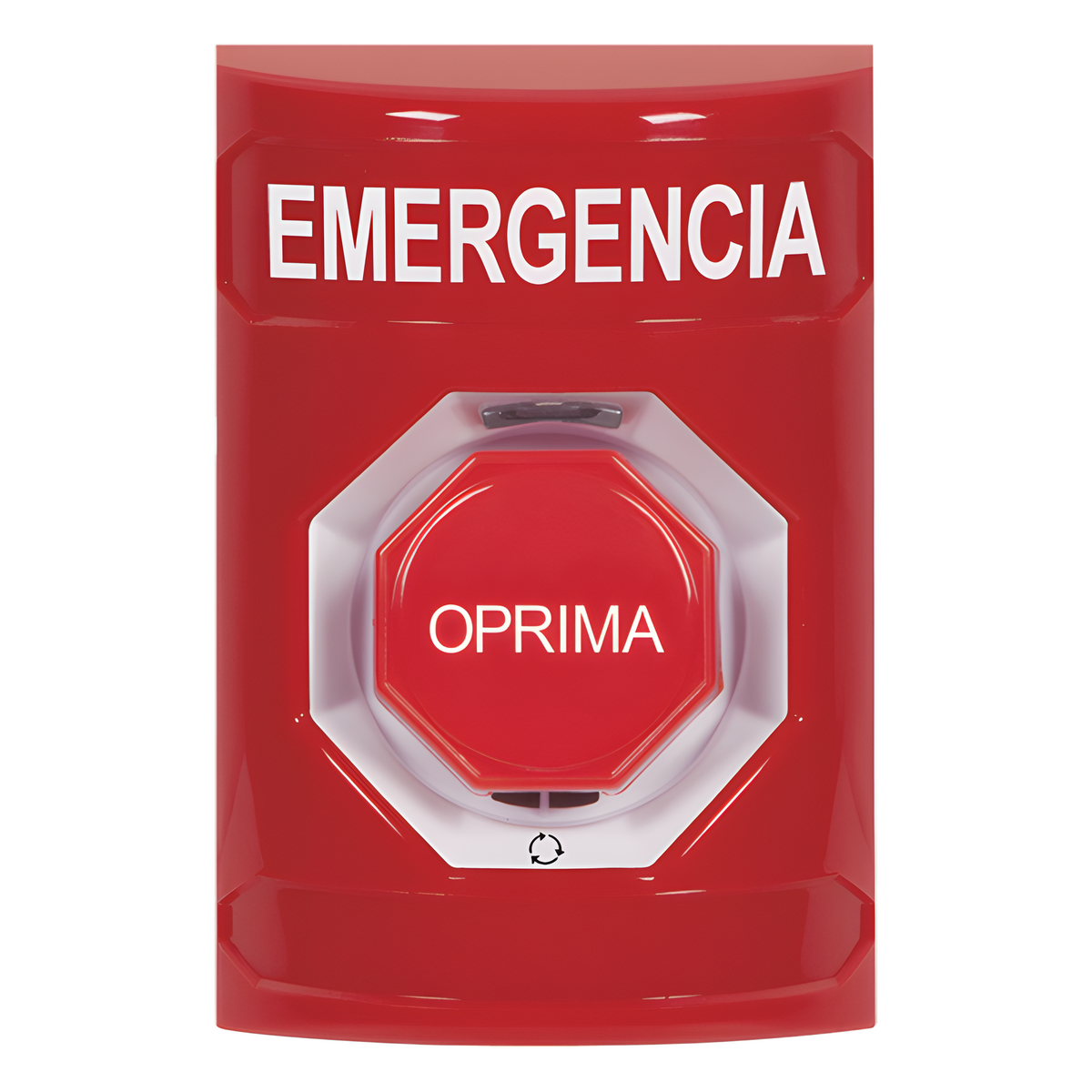 Botón de Emergencia, Texto en Español, Color Rojo, Acción Mantenida, Girar para Restablecer y LED Multicolor