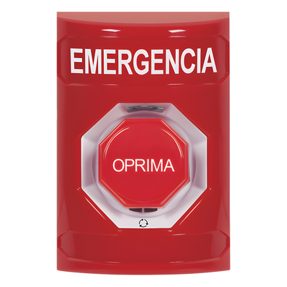 Botón de Emergencia, Texto en Español, Color Rojo, Acción Mantenida, Girar para Restablecer y LED Multicolor