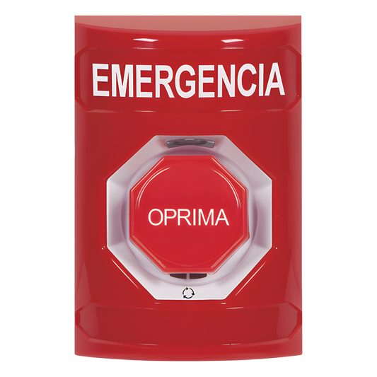 Botón de Emergencia, Texto en Español, Color Rojo, Acción Mantenida, Girar para Restablecer y LED Multicolor