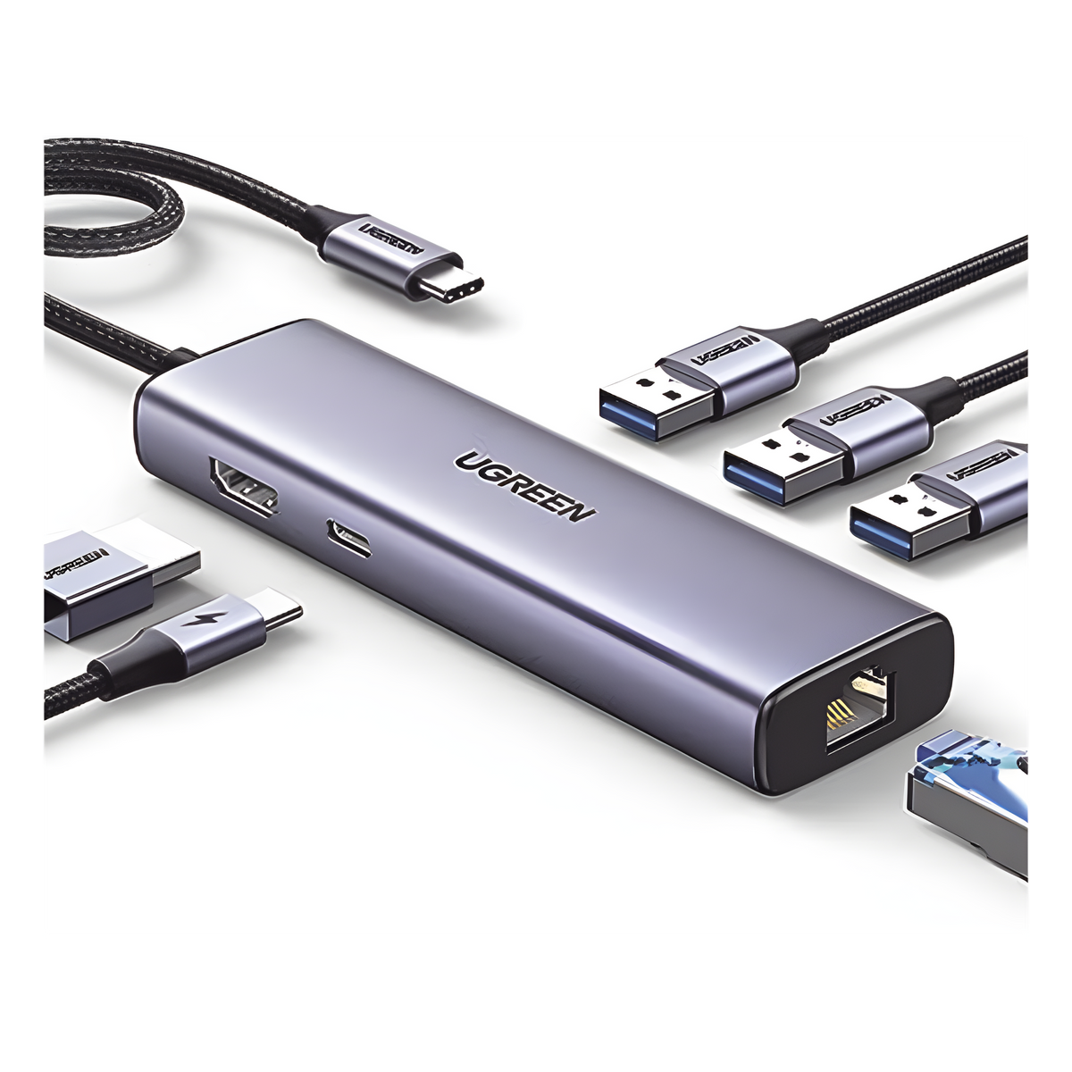 HUB USB-C (Docking Revodok) 6 en 1 | 3 Puertos USB-A 3.0 (5 Gbps) | USB-C PD 100W | HDMI 4K@30Hz | Entrada 1 RJ45 (Gigabit Ethernet) | Chip de Última