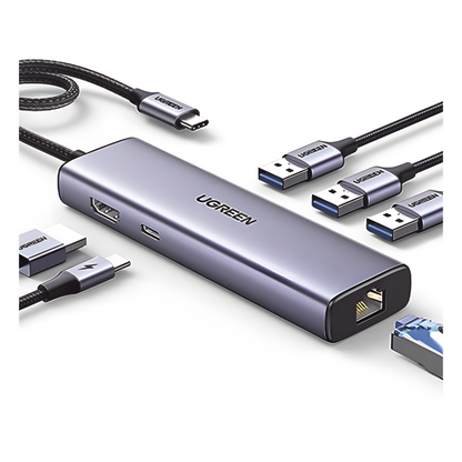 HUB USB-C (Docking Revodok) 6 en 1 | 3 Puertos USB-A 3.0 (5 Gbps) | USB-C PD 100W | HDMI 4K@30Hz | Entrada 1 RJ45 (Gigabit Ethernet) | Chip de Última
