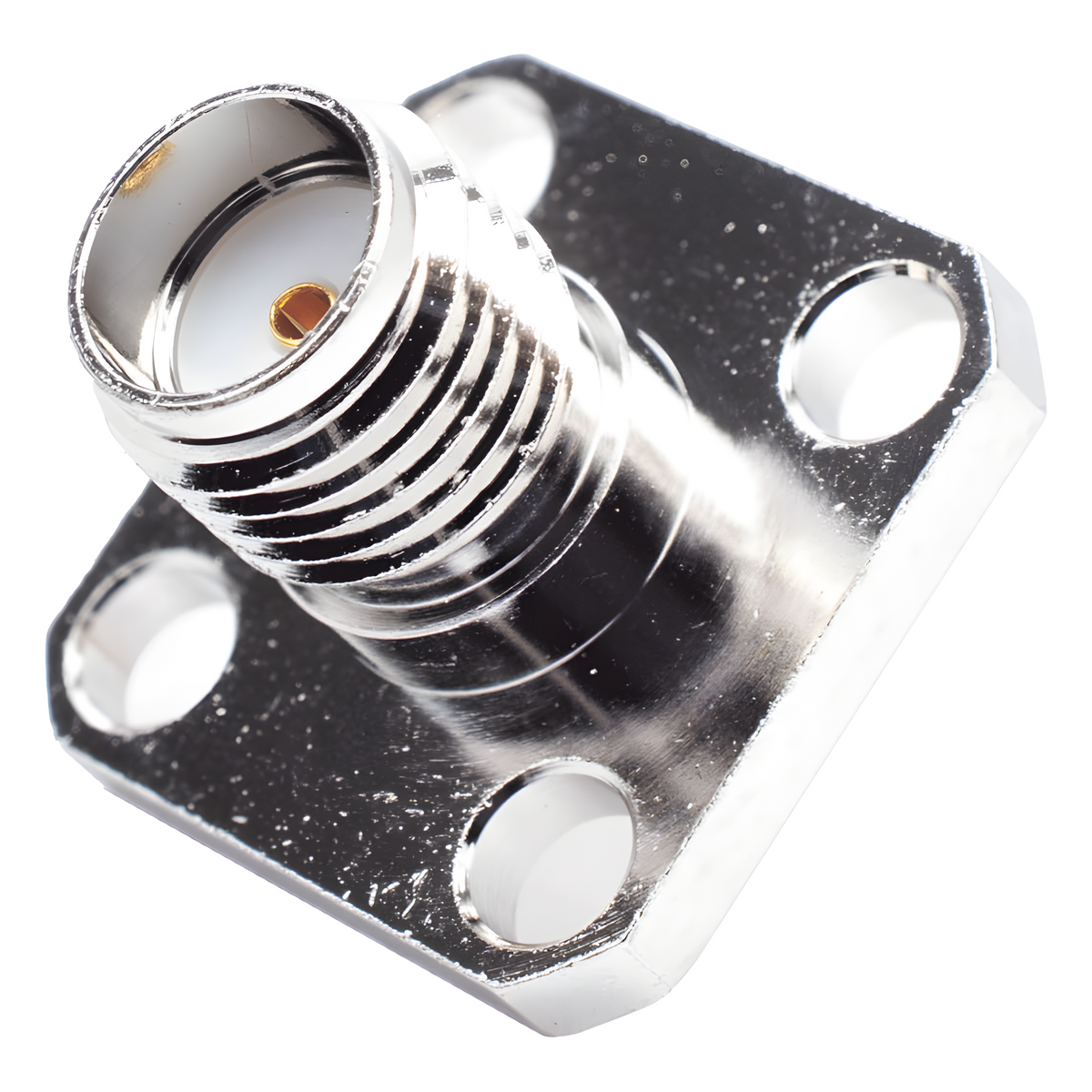 Conector SMA Hembra, Montaje de Panel Cuadrado, 4 Perforaciones, Soldable, Niquel/ Oro/ Teflón