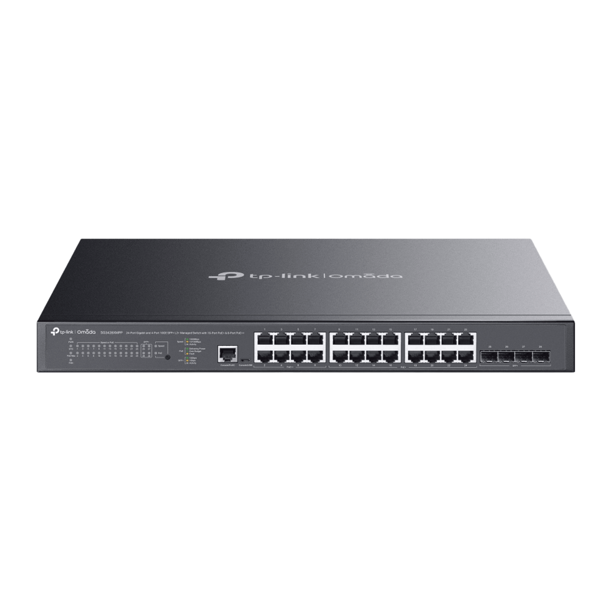 Switch L2+ Gestionado Omada / 24 Puertos Gigabit RJ45 + 4 Puertos 10G SFP+ / 16 Puertos PoE+ (30W) + 8 Puertos PoE++ (90W) / 128 Gbps Capacidad
