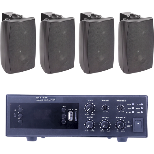 KIT de Amplificador de 120W para Escritorio | 4 Altavoces de Pared color Negro 2.5W - 20W | Sistema 70/100V