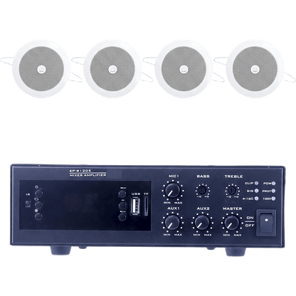KIT de Amplificador de 120W para Escritorio | 4 Altavoces de Plafón de 4" | 3 - 6W | Sistema 70/100V