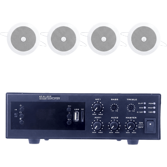 KIT de Amplificador de 120W para Escritorio | 4 Altavoces de Plafón de 4" | 3 - 6W | Sistema 70/100V