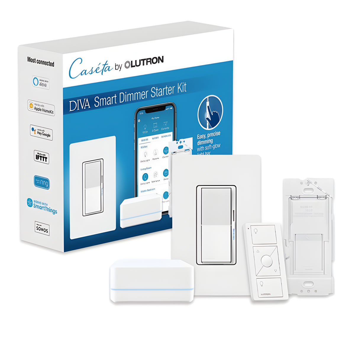 Kit de inicio Caseta Wireless con hub, atenuador de pared Diva de 150 W LED o 600 W incandescente sin neutro, control Pico, tapa y adaptador de