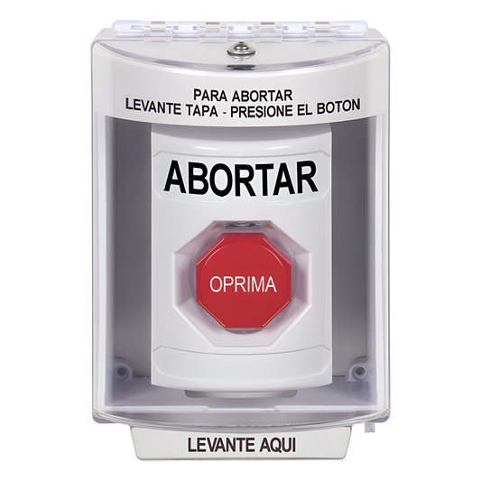 Botón de Abortar, Bocina de Advertencia Integrada, Texto en Español, Tapa Protectora de Policarbonato Súper Resistente con Espaciador