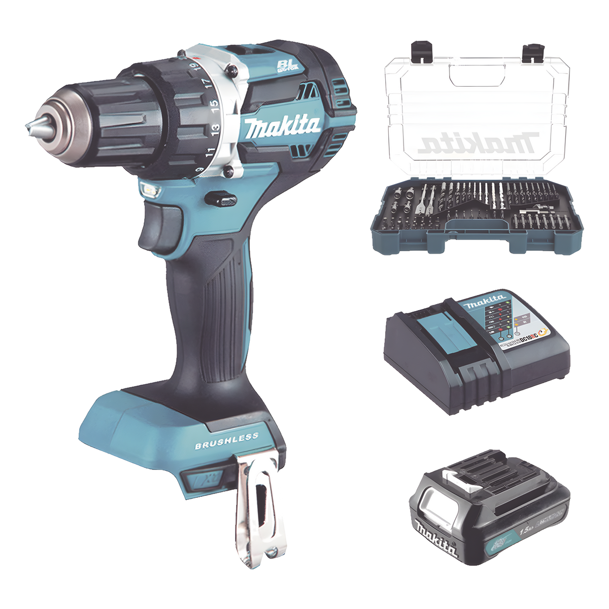 Rotomartillo/Taladro Inalámbrico (1/2") de 1,900 RPM, 18Vcc, Incluye 1 Batería BL1815N de 1.5Ah, 1 Cargador Modelo DC18SD y Un Set de 75 Pzas Modelo