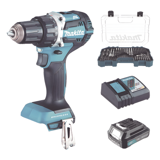 Rotomartillo/Taladro Inalámbrico (1/2") de 1,900 RPM, 18Vcc, Incluye 1 Batería BL1815N de 1.5Ah, 1 Cargador Modelo DC18SD y Un Set de 75 Pzas Modelo