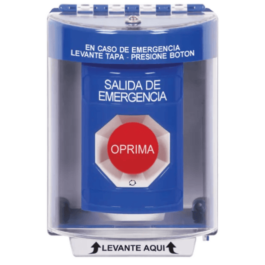 Botón Multipropósito, Color Azul, De Superficie, Con Tapa De Policarbonato, Sin Bocina, Para Interior/Exterior, Llave Para Restablecer, Texto Salida