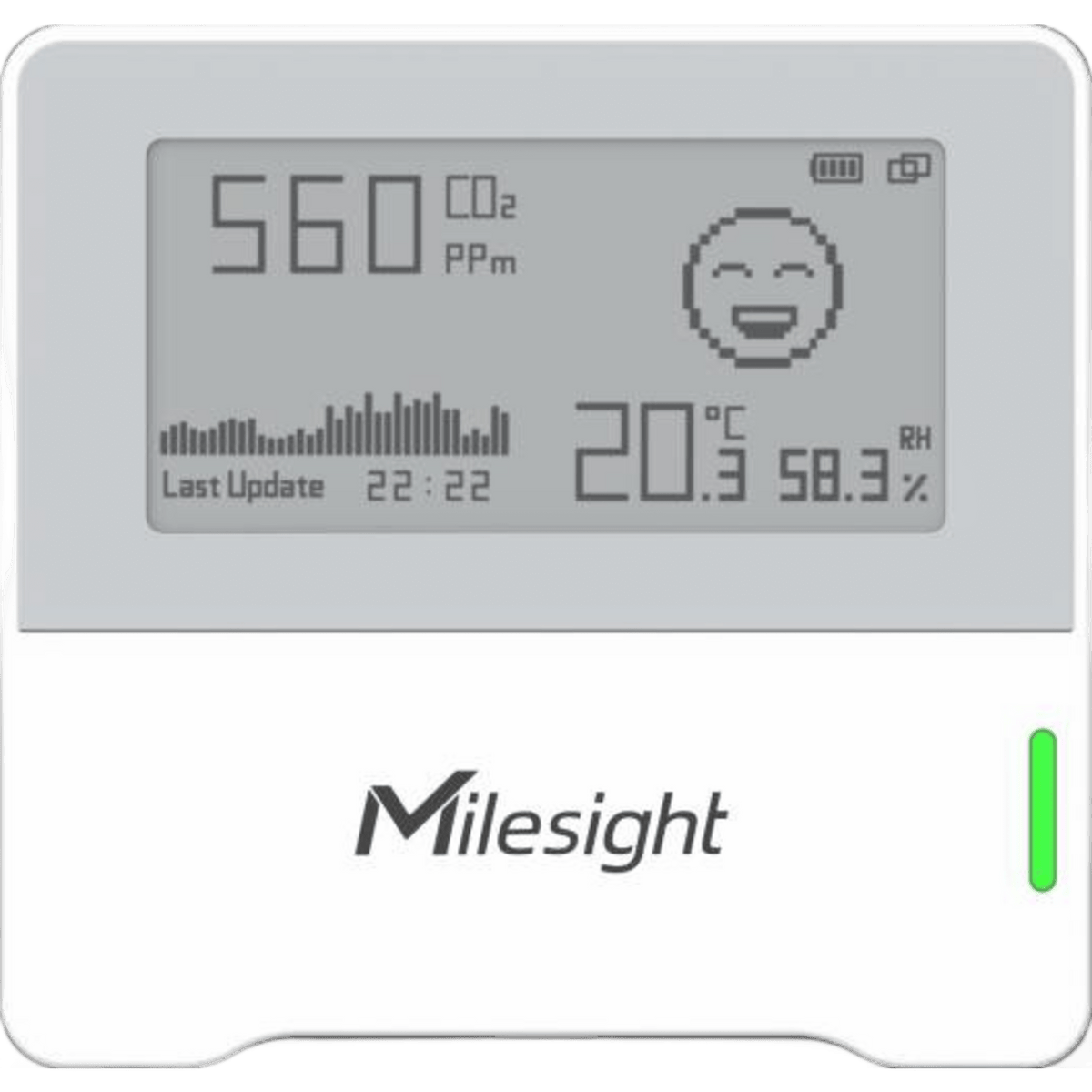 Sensor de Monitoreo Ambiental Interior / CO2 NDIR 400-5000 ppm / Temperatura ±0.2°C / Humedad ±2% RH / Pantalla E-ink 2.13 Pulgadas / LoRaWAN / NFC