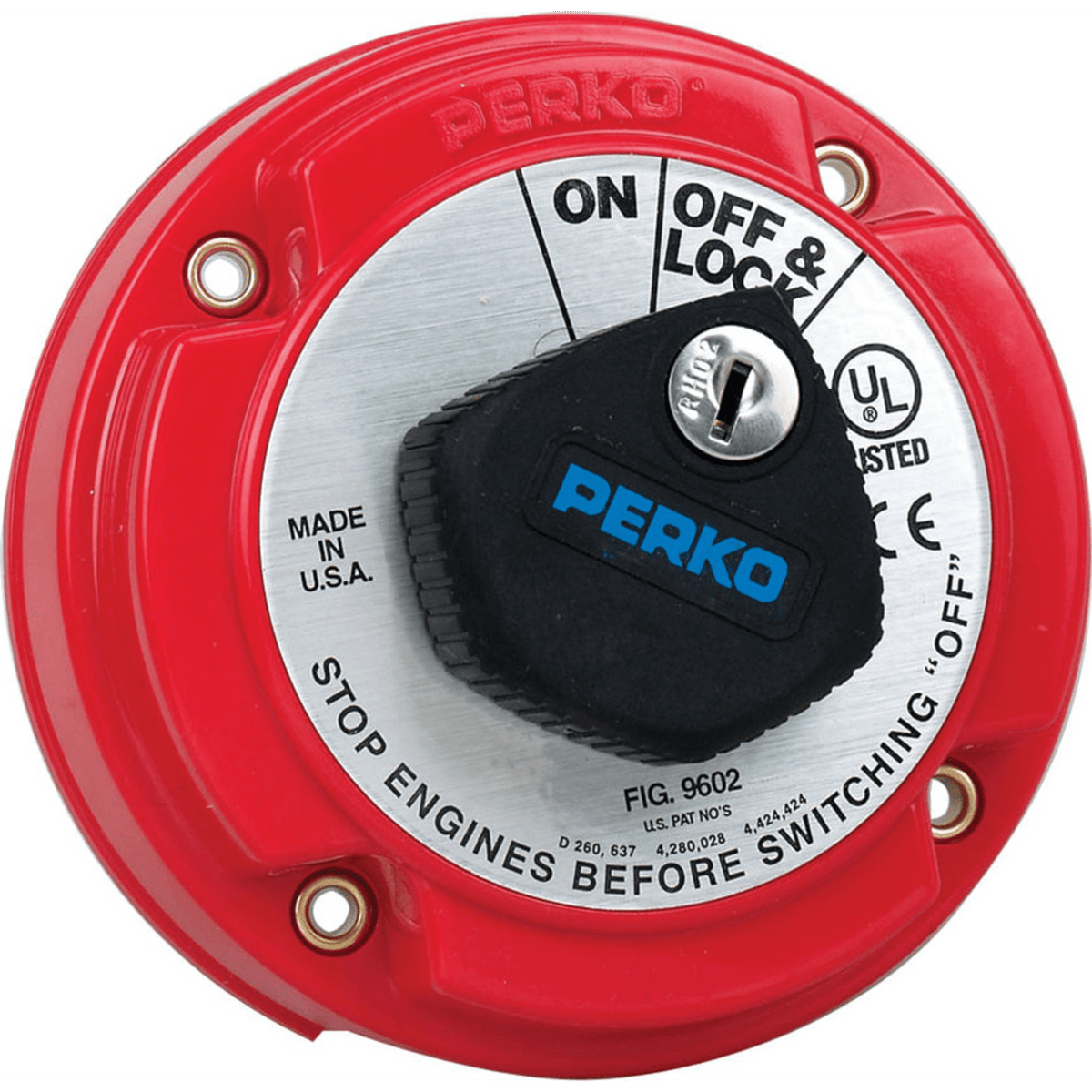 Interruptor de Desconexión de Batería Marina PERKO 9602 con Llave / 250A Continuos 360A Intermitentes / 6-32 VCC / Bloqueo en OFF / Montaje