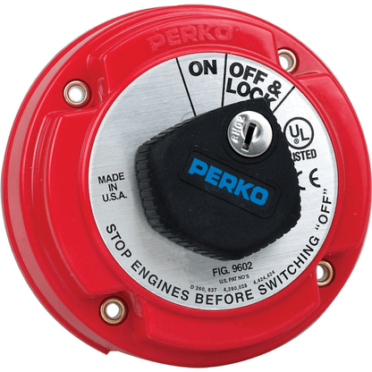 Interruptor de Desconexión de Batería Marina PERKO 9602 con Llave / 250A Continuos 360A Intermitentes / 6-32 VCC / Bloqueo en OFF / Montaje
