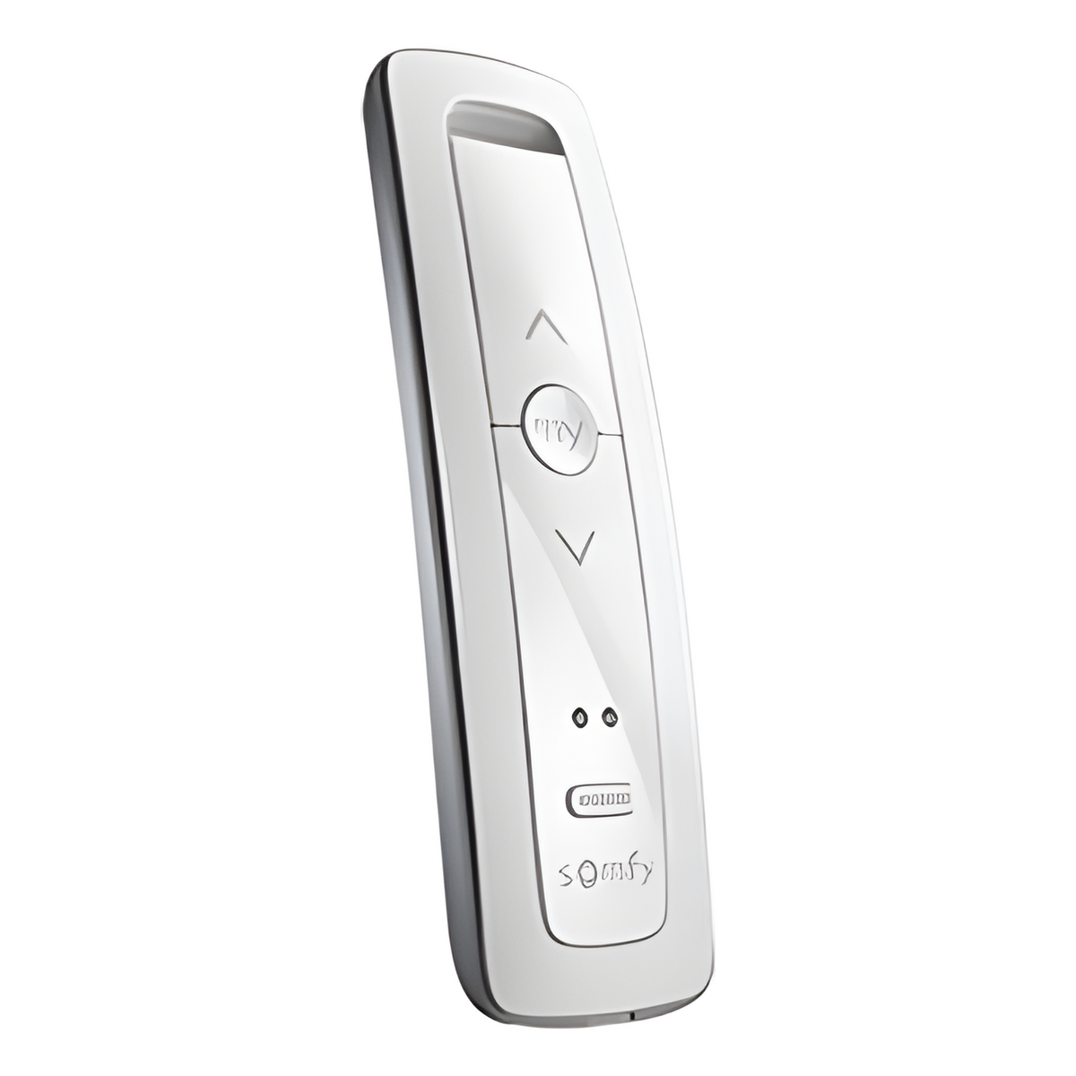 Control remoto 2 canales para motores de persiana Somfy con señal inalámbrica, instrucciones: sube, baja y detener, con posición favorita programada.