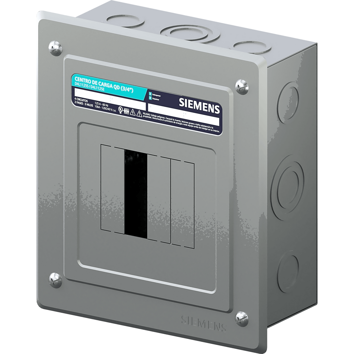 Centro de carga monofásico para empotrar. 1 Fase, 3 Hilos para interruptores QD, de 4 polos, 120/240vca, Barras de aluminio 125 Amp, Nema 1.