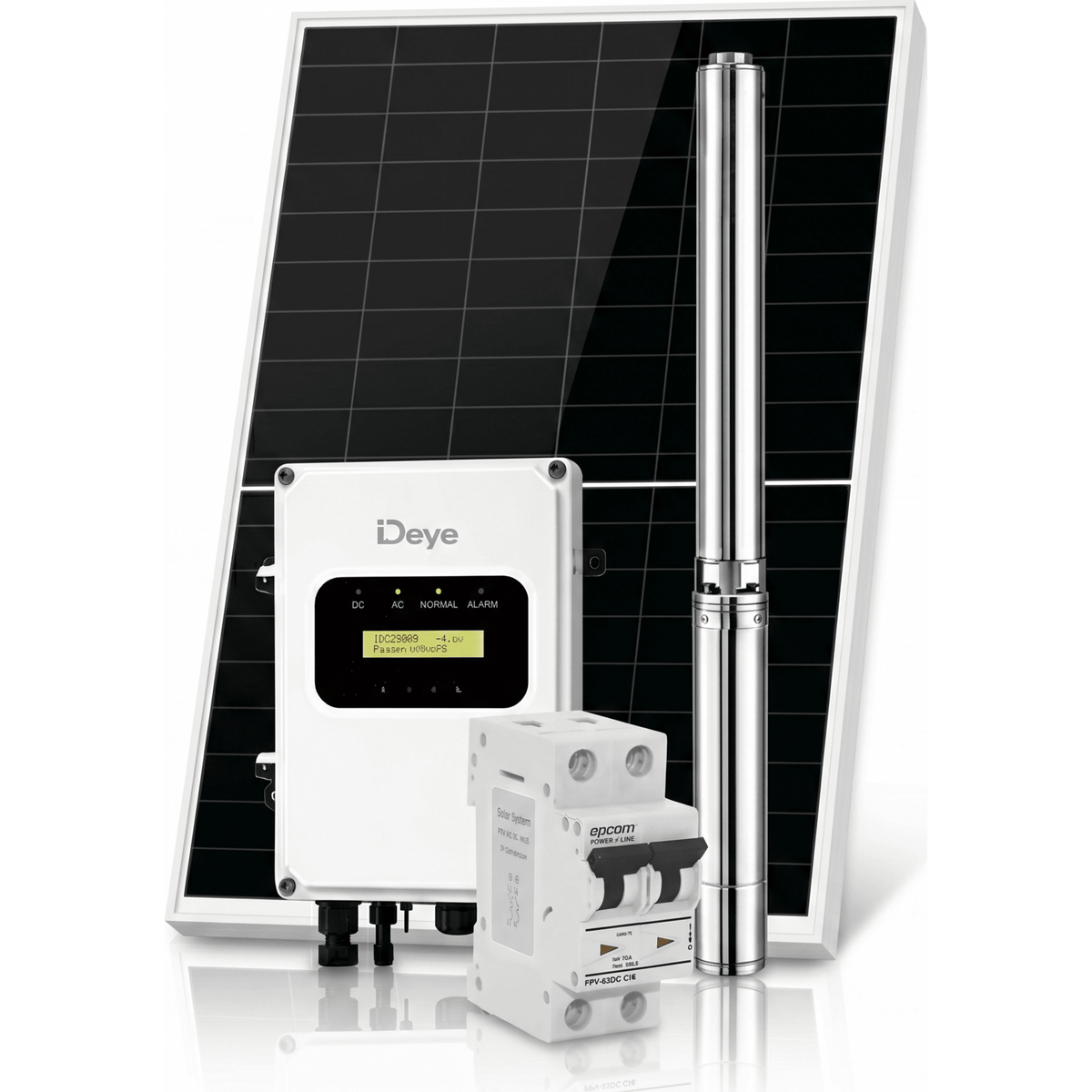Kit de Bombeo Solar 1500W (2 HP) / Bomba Sumergible con Controlador Integrado 60-220V CD / 4 Módulos Solares 540W / Interruptor Termomagnético 2P 20A