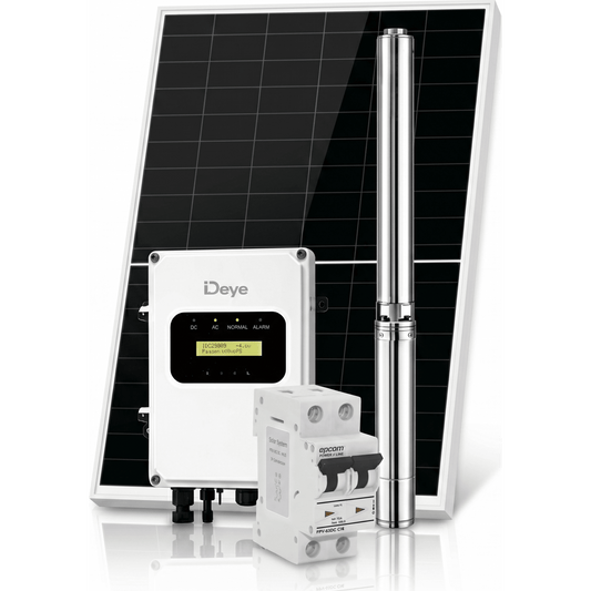Kit de Bombeo Solar 1500W (2 HP) / Bomba Sumergible con Controlador Integrado 60-220V CD / 4 Módulos Solares 540W / Interruptor Termomagnético 2P 20A