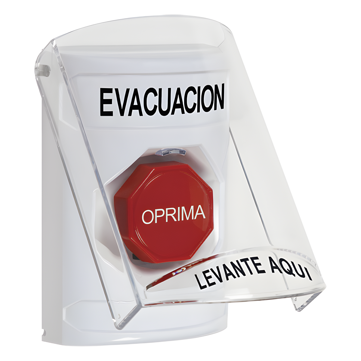 Botón de Evacuación, Texto en Español, Tapa Protectora de Policarbonato Súper Resistente, Restablecimiento con Llave