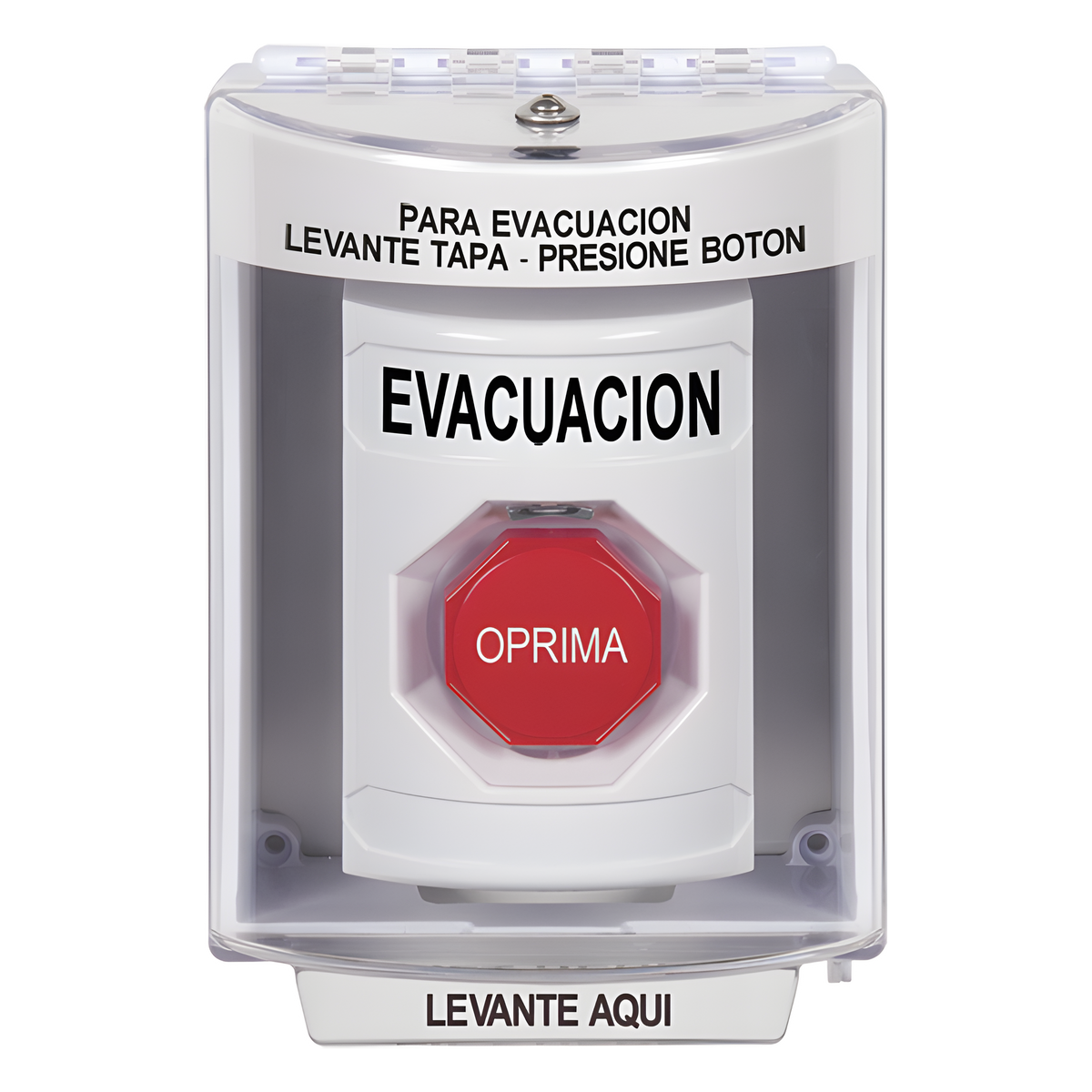 Botón de Evacuación, Cubierta de Policarbonato Súper Resistente de Superficie con Espaciador, Restablecimiento con Llave, Con Bocina de Advertencia
