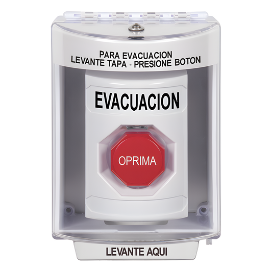 Botón de Evacuación, Cubierta de Policarbonato Súper Resistente de Superficie con Espaciador, Restablecimiento con Llave, Con Bocina de Advertencia