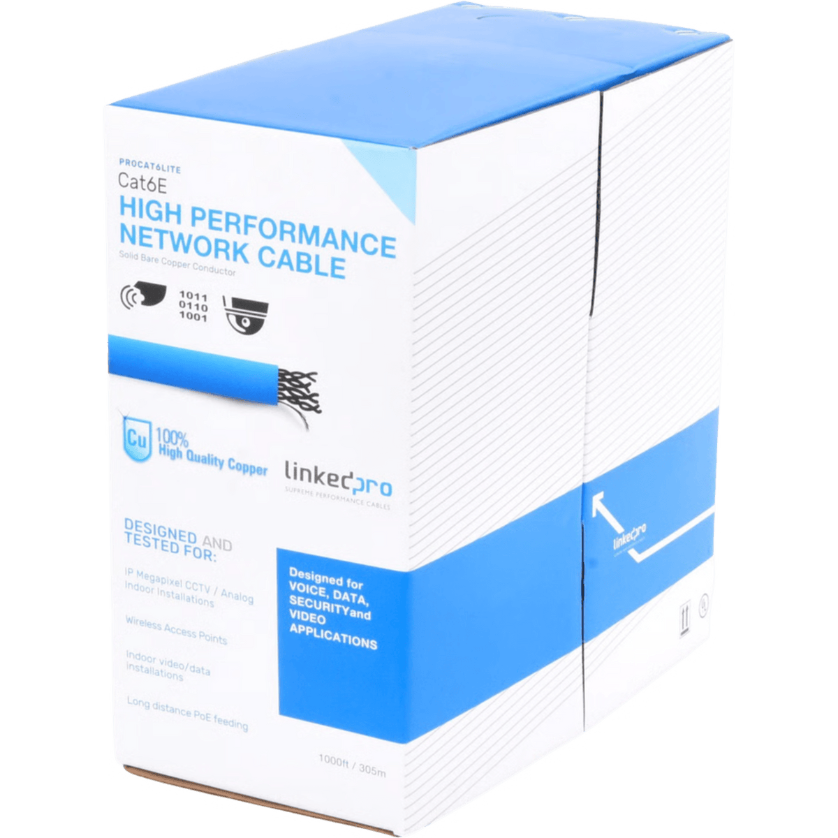 Bobina de Cable de 305 Metros (1000 Pies) Cat6, CM, 24 AWG, Alto Rendimiento, ETL, UL, Color Azul, Super Flexible, para Aplicaciones de