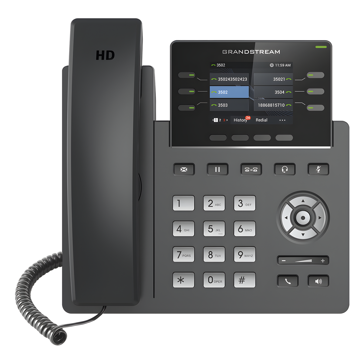 Teléfono IP Grado Operador, 3 líneas SIP con 6 cuentas, puertos Gigabit,PoE, pantalla a color 2.4", codec Opus, IPV4/IPV6 con gestión en la nube GDMS