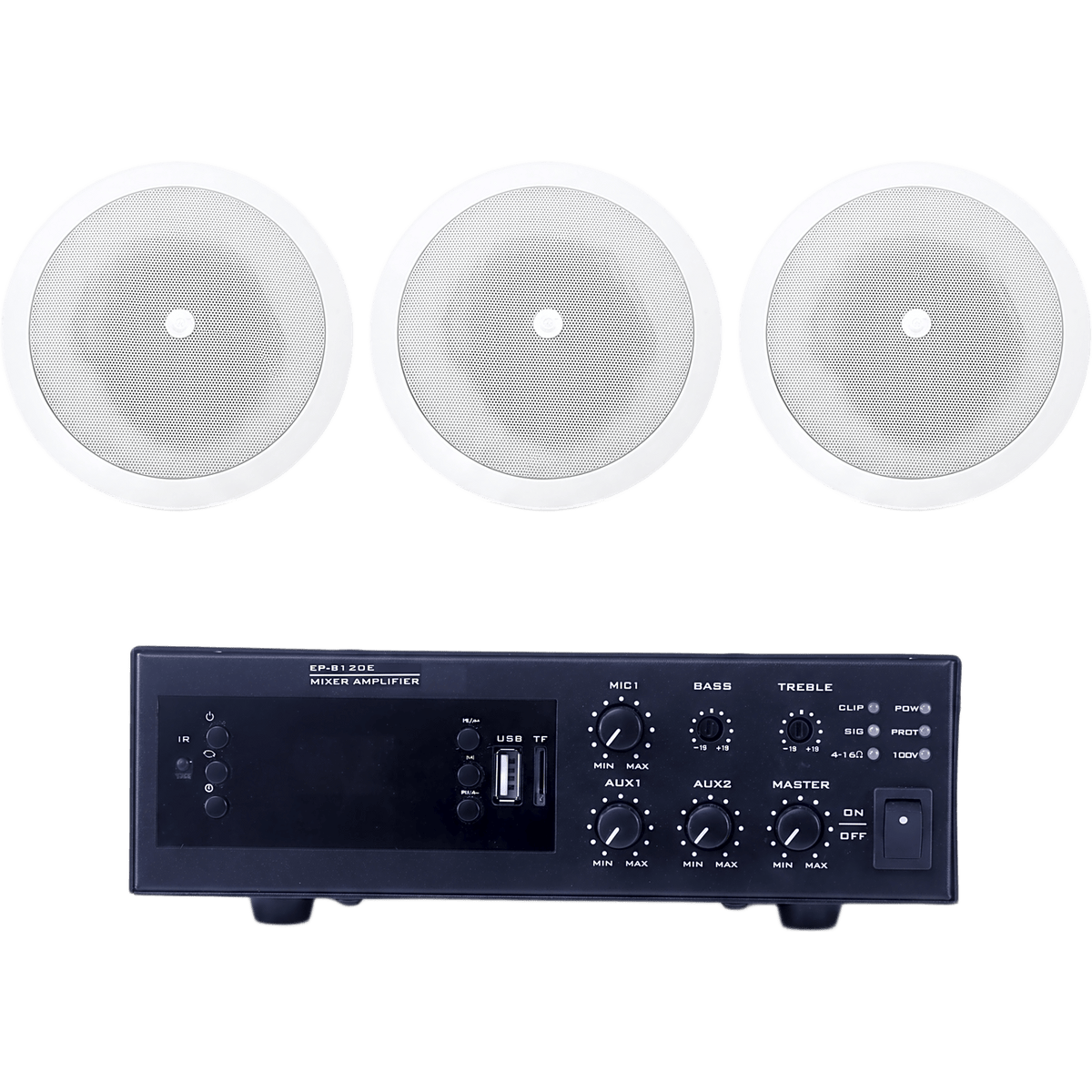 KIT de Amplificador de 120W para Escritorio | 3 Altavoces de Plafón de 5" | 3.75 - 30W | Sistema 70/100V