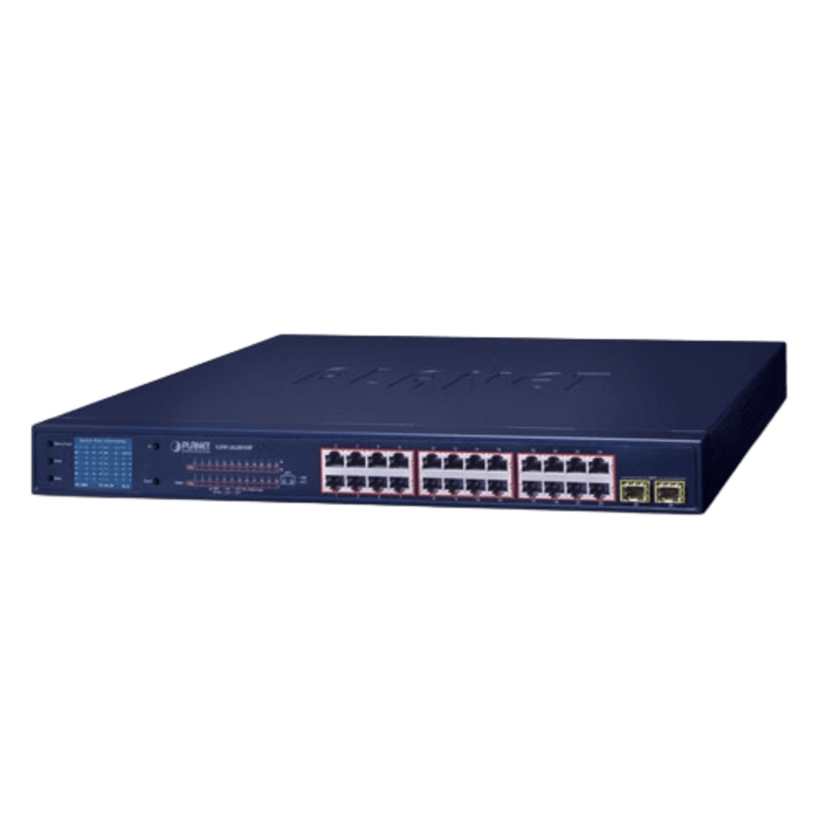 Switch PoE de 24 Puertos Gigabit 802.3af/at con Modo Extendido 250 m, 2 Puertos SFP 1000SX , Pantalla LCD para Configuración Básica, Hasta 300 W para