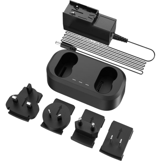 Cargador de Baterías / Doble Bahía / 2 Baterías Simultáneas / Indicador LED Triple / Alimentación AC 100~240 V / Salida DC 20 V / Adaptadores