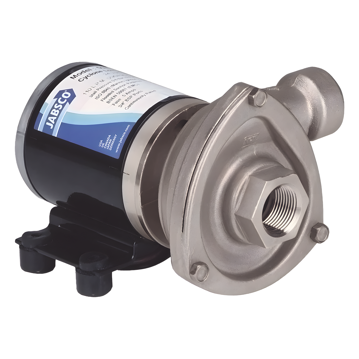 Bomba centrifuga Cyclone de baja presión a 12 Vcd, caudal de hasta 29 GPM, presión máxima de 8.7 psi, en acero inoxidable