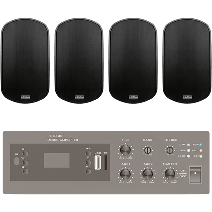 KIT de Amplificador de 240W para Escritorio | 4 Altavoces de Pared color Negro 3W - 50W | Sistema 70/100V