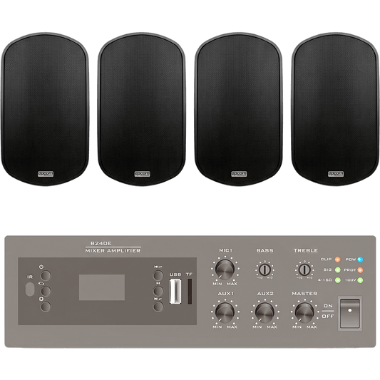 KIT de Amplificador de 240W para Escritorio | 4 Altavoces de Pared color Negro 3W - 50W | Sistema 70/100V