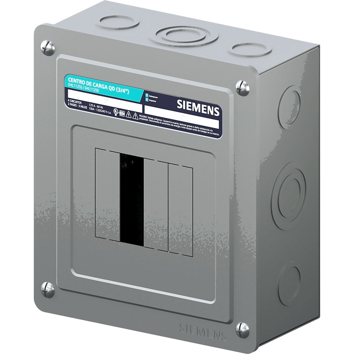 Centro de carga monofásico para sobreponer. 1 Fase, 3 Hilos para interruptores QD, de 4 polos, 120/240vca, Barras de aluminio 125 Amp, Nema 1.