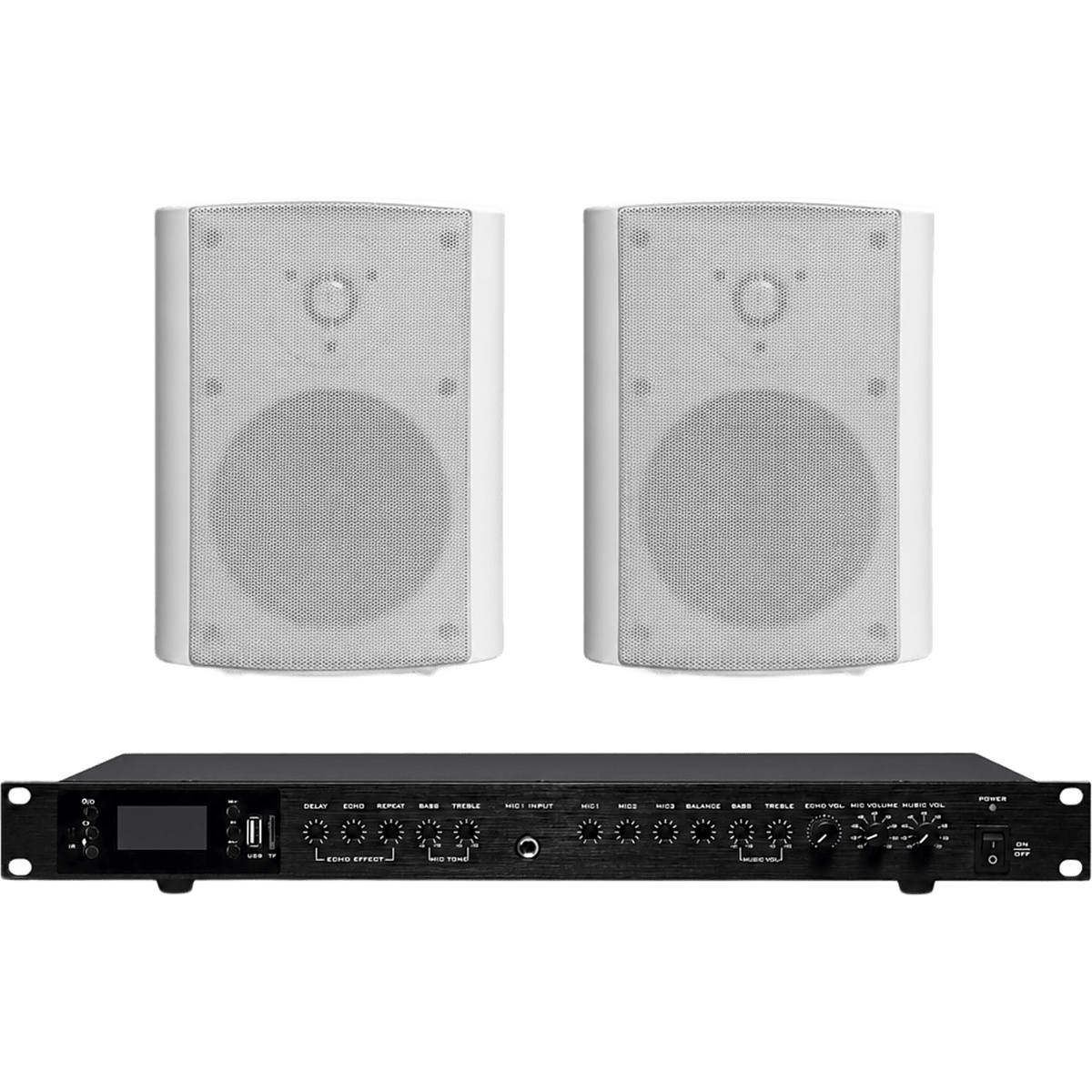 Amplificador de Audio con 2 Bocinas OL-5WT | 2 x 60W | Baja Impedancia 4 - 8&Omega; | Reproductor Bluetooth, USB, SD | Efectos Integrados Delay