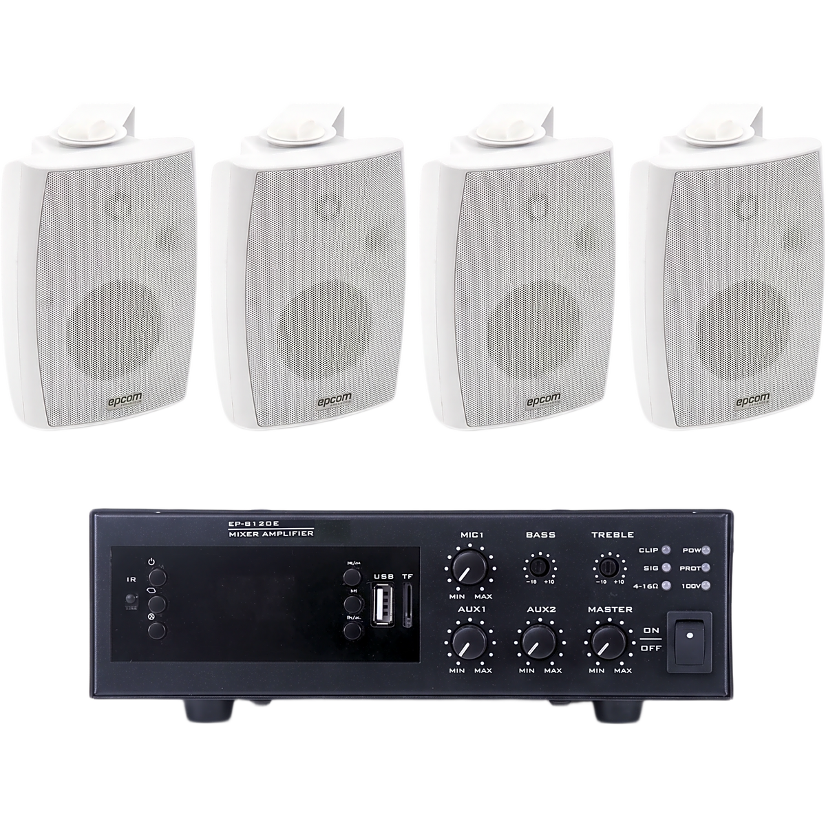 KIT de Amplificador de 120W para Escritorio | 4 Altavoces de Pared color Blanco 2.5W - 20W | Sistema 70/100V