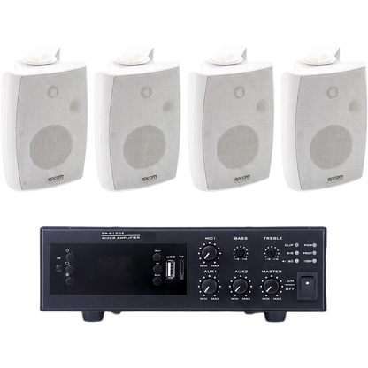 KIT de Amplificador de 120W para Escritorio | 4 Altavoces de Pared color Blanco 2.5W - 20W | Sistema 70/100V