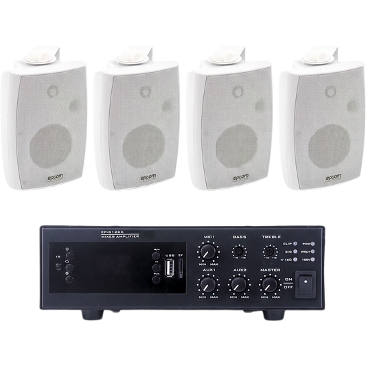 KIT de Amplificador de 120W para Escritorio | 4 Altavoces de Pared color Blanco 2.5W - 20W | Sistema 70/100V