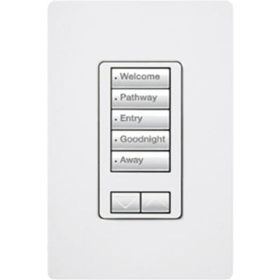 Teclado de pared seeTouch de 5 botones con subir/bajar para control de luces y cortinas en sistemas RadioRA 2, 120 V, retroiluminado, color blanco