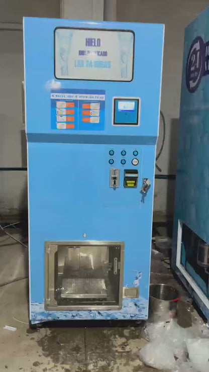 Maquina Expendedora Hielo 160Kg x dia con dispensador y sellado AUTOMATICO de bolsas de 4Kg, aceptador y Cambio de monedas, Aceptador de Billetes, Aislamiento termico, Sistema Osmosis Inversa, Sistema de Administracion Local y Remota Android
