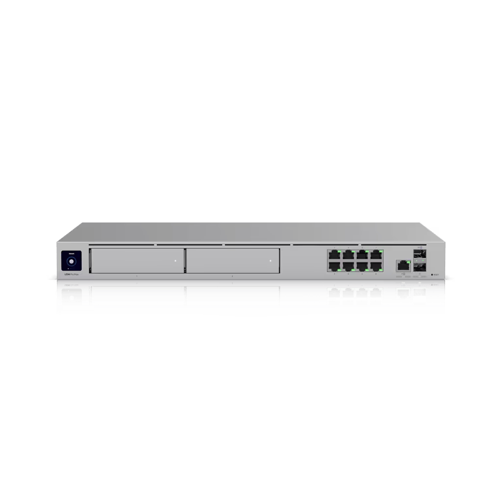 UniFi Dream Machine Pro Max – Cloud Gateway Empresarial con Soporte para 150 Dispositivos y 2000 Clientes, 5 Gbps de Ruteo con IDS/IPS, 2 Bahías para
