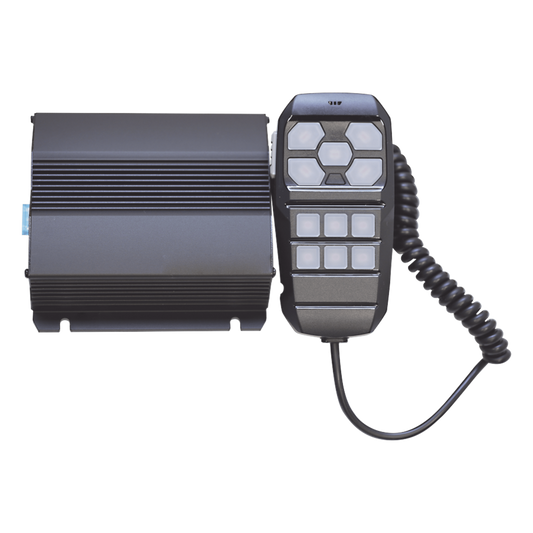Sirena Vehicular de 100W de Potencia, Incluye Controlador Unimando Para Control de Tonos, 4 Salidas Auxiliares y Microfono