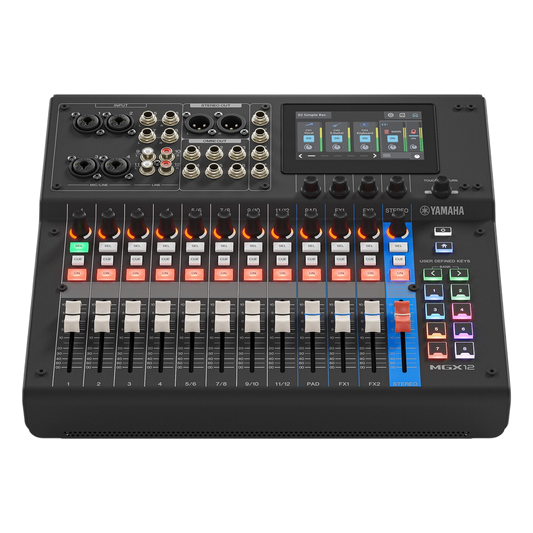 Consola Digital de Audio | 12 Canales | Pantalla Táctil 4.3in | Entradas de Mic/Line y Estéreo | Salidas Análogas y USB | Pads configurables | DSP |