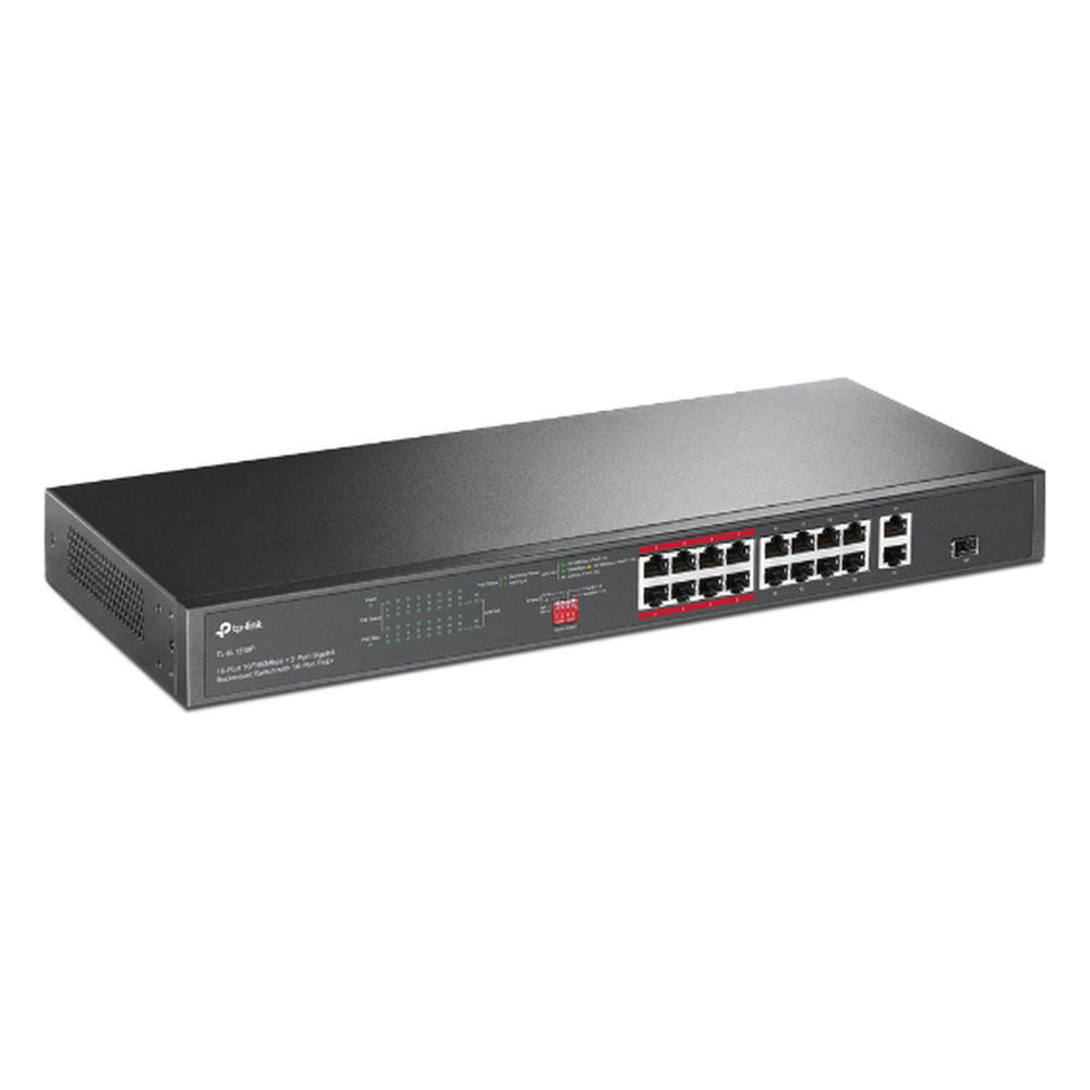 Switch PoE+ no Administrable 16 puertos 10/100 Mbps + 2 puertos 10/100/1000 Mbps + 1 puerto SFP, 8 puertos Extensor PoE (hasta 250 m), 150W, diseño