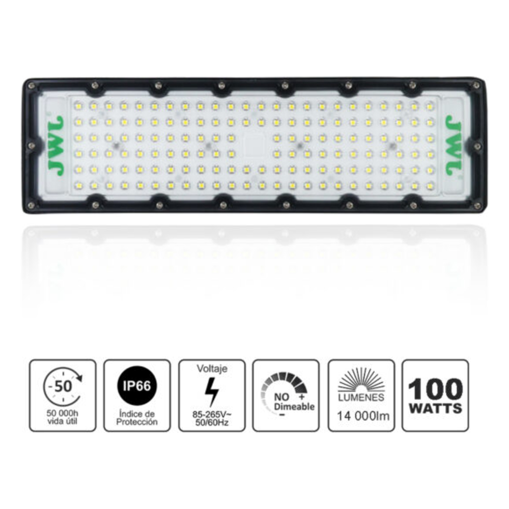Reflector LED 100 W /350 x 100 mm / 85 - 265 Vca~ 50/60Hz / TCC 6 500 K / Uso en exterior.