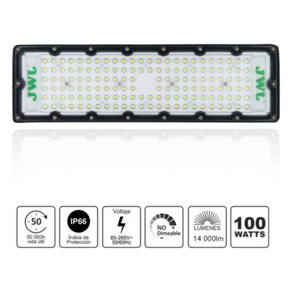 Reflector LED 100 W /350 x 100 mm / 85 - 265 Vca~ 50/60Hz / TCC 6 500 K / Uso en exterior.